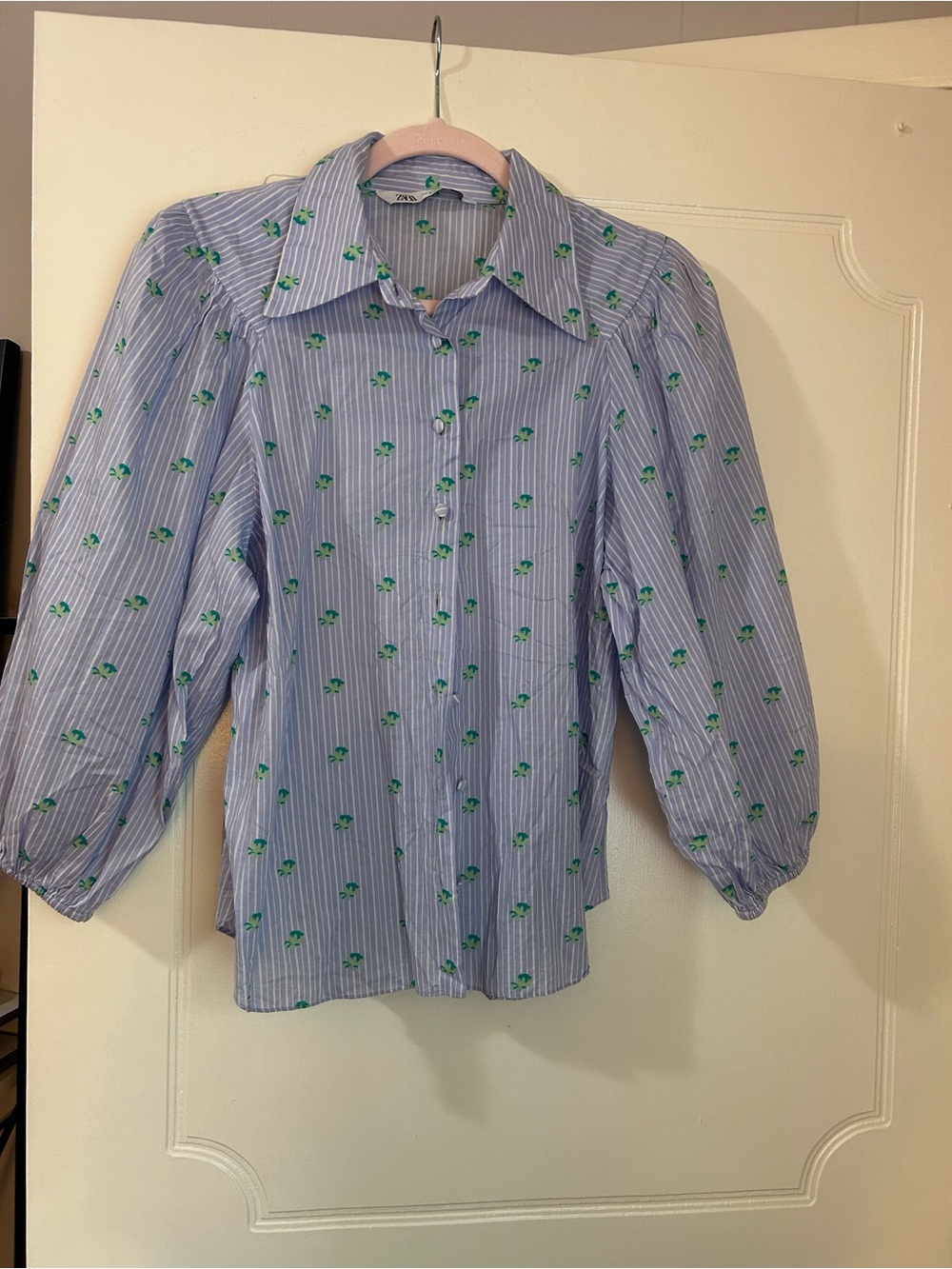 Zara Blue Striped Button-Up Shirt with Green Floral Motif